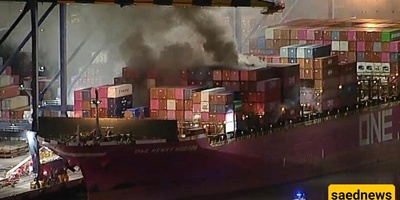 اندلاع حریق على سفینه شحن فی میناء لوس أنجلوس!