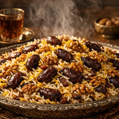 رزّ التمر الأهوازی الأصیل (خرما پلو): طبق تقلیدی خالٍ من اللحم لأیام بسیطه منخفضه الطاقه