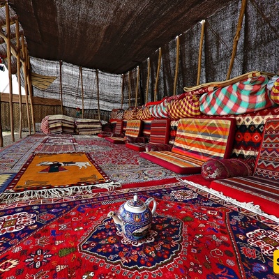 ألوان زاهیه فی سجاد القشقای تنبض بالحیاه فی الخیام السوداء